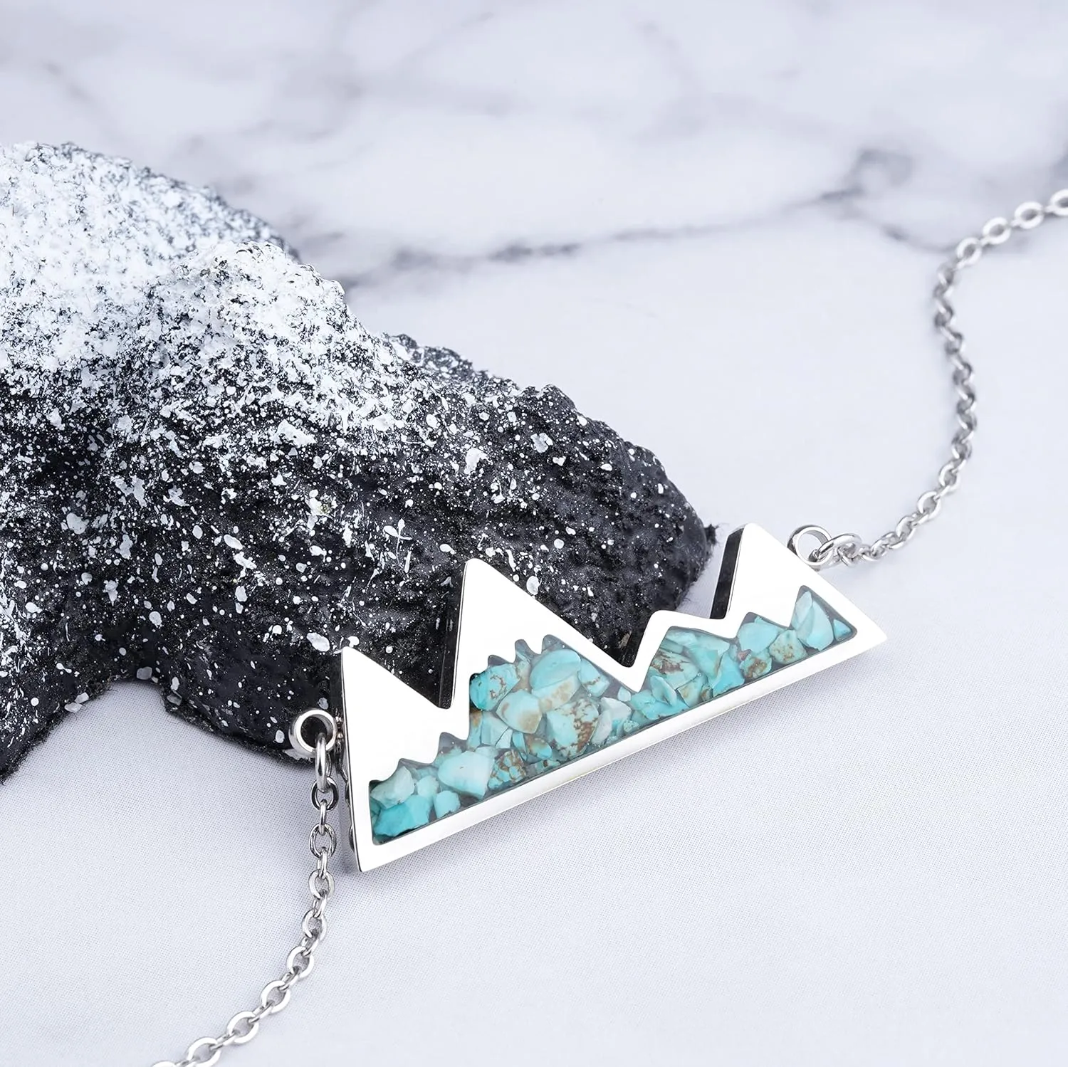 Gemstone Mountain Necklace for Women Turquoise Malachite Tumbled Chips Stone Pendant Necklace Dainty Snowy Mountain Range Necklace for Women Nature Jewelry Gift