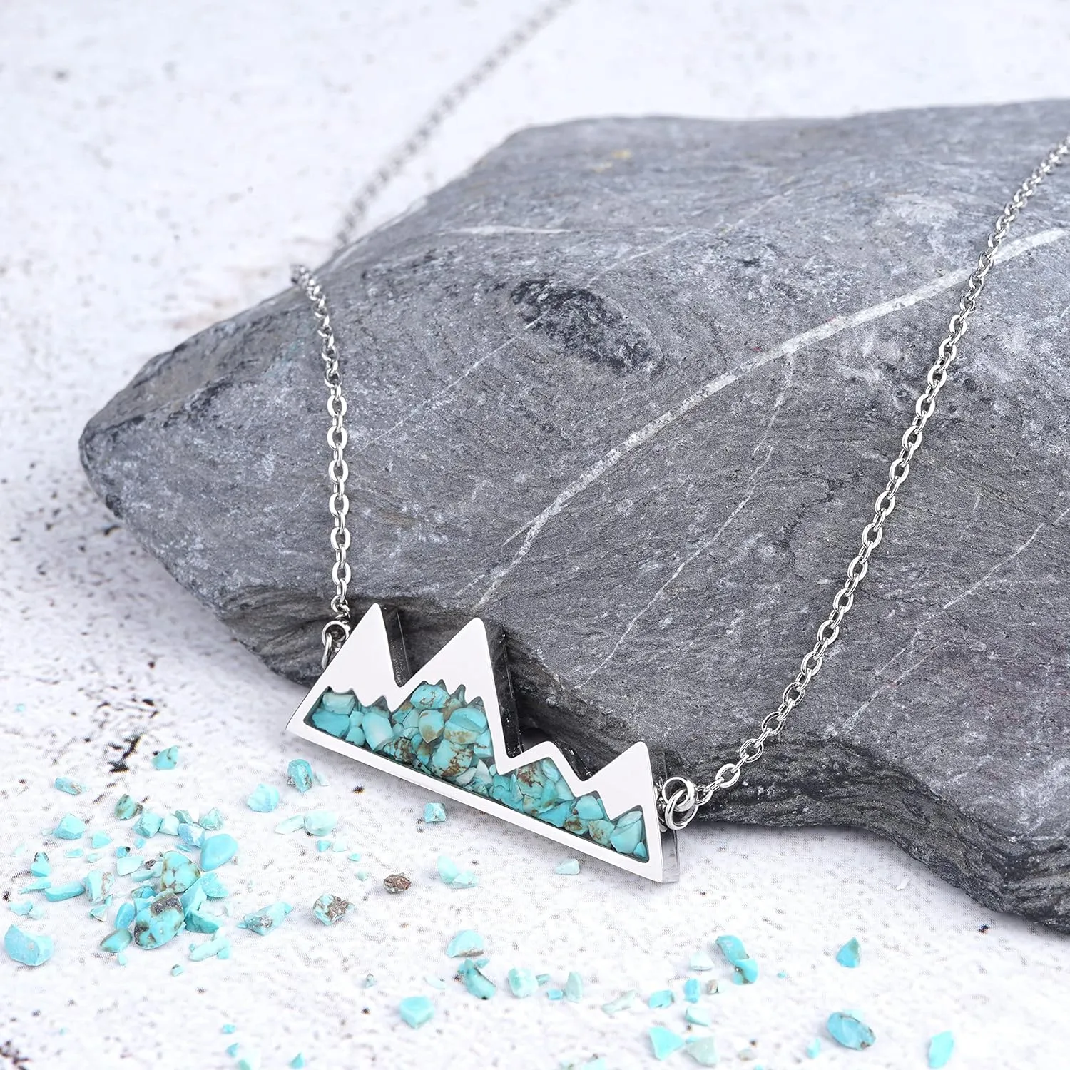 Gemstone Mountain Necklace for Women Turquoise Malachite Tumbled Chips Stone Pendant Necklace Dainty Snowy Mountain Range Necklace for Women Nature Jewelry Gift