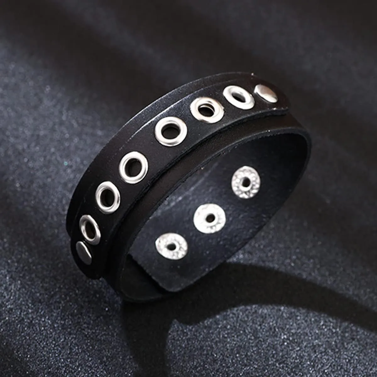Genuine Leather Cuff Punk Metal Rock Bracelets Men Women, Metal Emo Hole Style Bracelets Wristbands 3 Buttons Adjustable Wrap