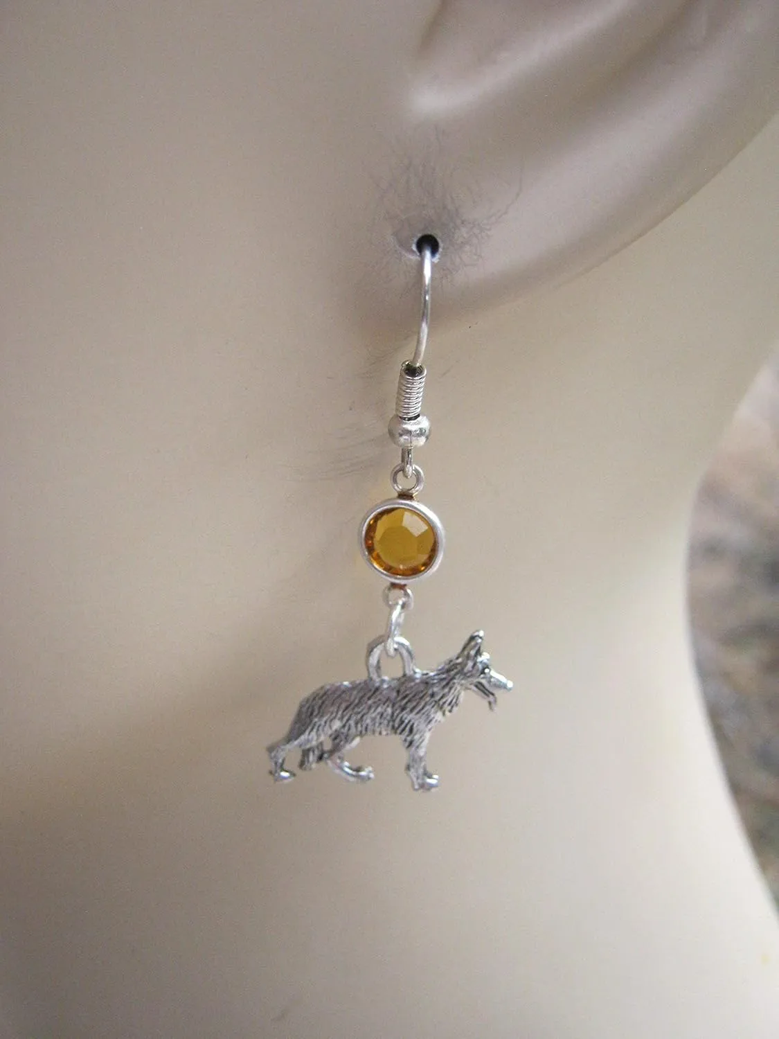 German Shepherd Birthstone Earrings, Personalized Sterling Silver Plated Dog Earrings, Pet Jewelry, Breeder Gift