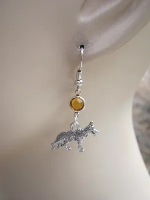 German Shepherd Birthstone Earrings, Personalized Sterling Silver Plated Dog Earrings, Pet Jewelry, Breeder Gift