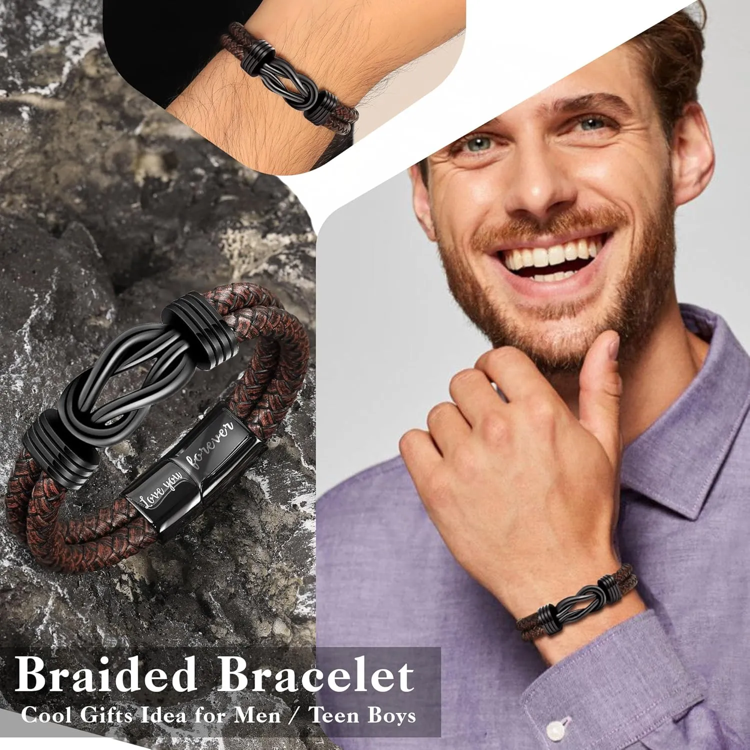 Gifts for Men Leather Bracelet Brown Braided Forever I Love You Gifts for Him Infinity Cuff Bracelets Birthday Gifts for Boyfriend Son Grandson Husband Dad Mens Fathers Day Gift
