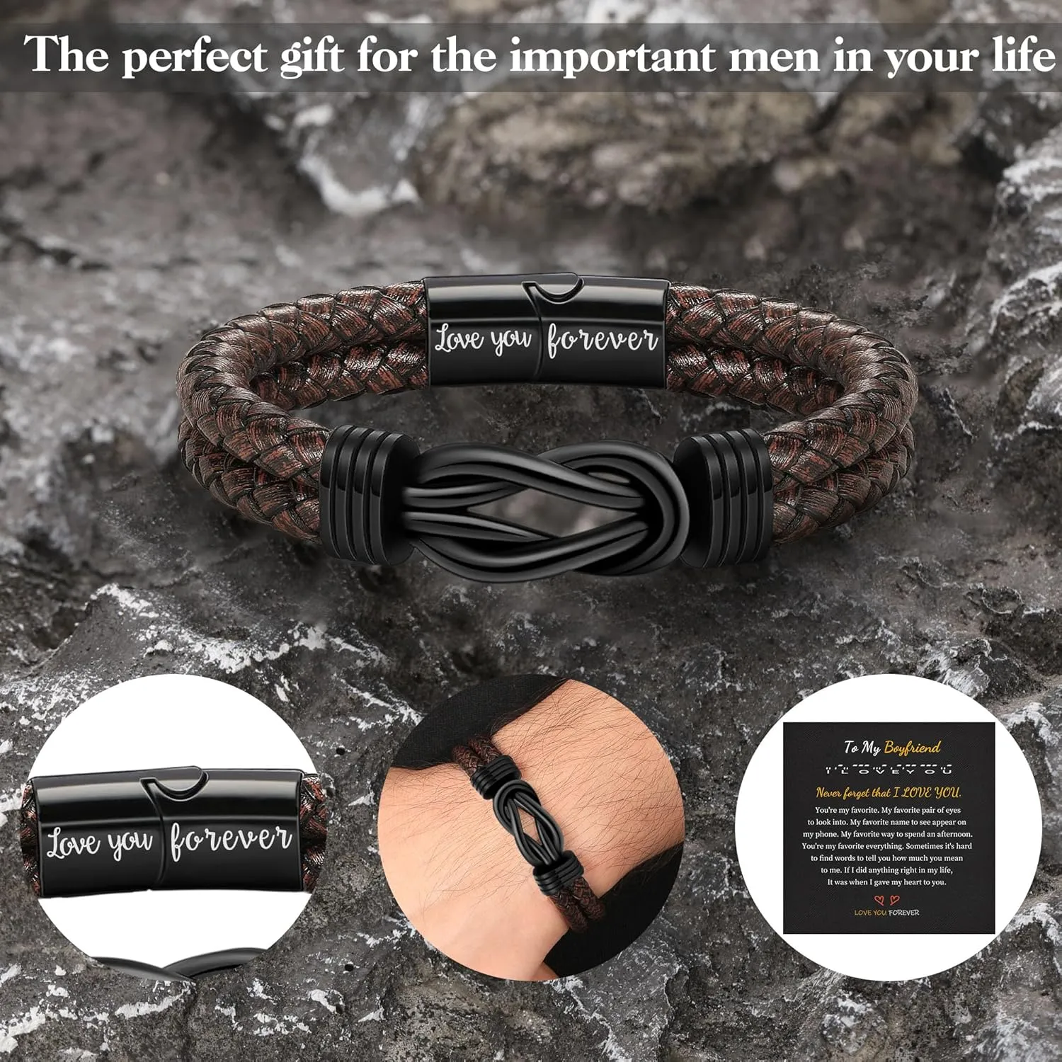 Gifts for Men Leather Bracelet Brown Braided Forever I Love You Gifts for Him Infinity Cuff Bracelets Birthday Gifts for Boyfriend Son Grandson Husband Dad Mens Fathers Day Gift
