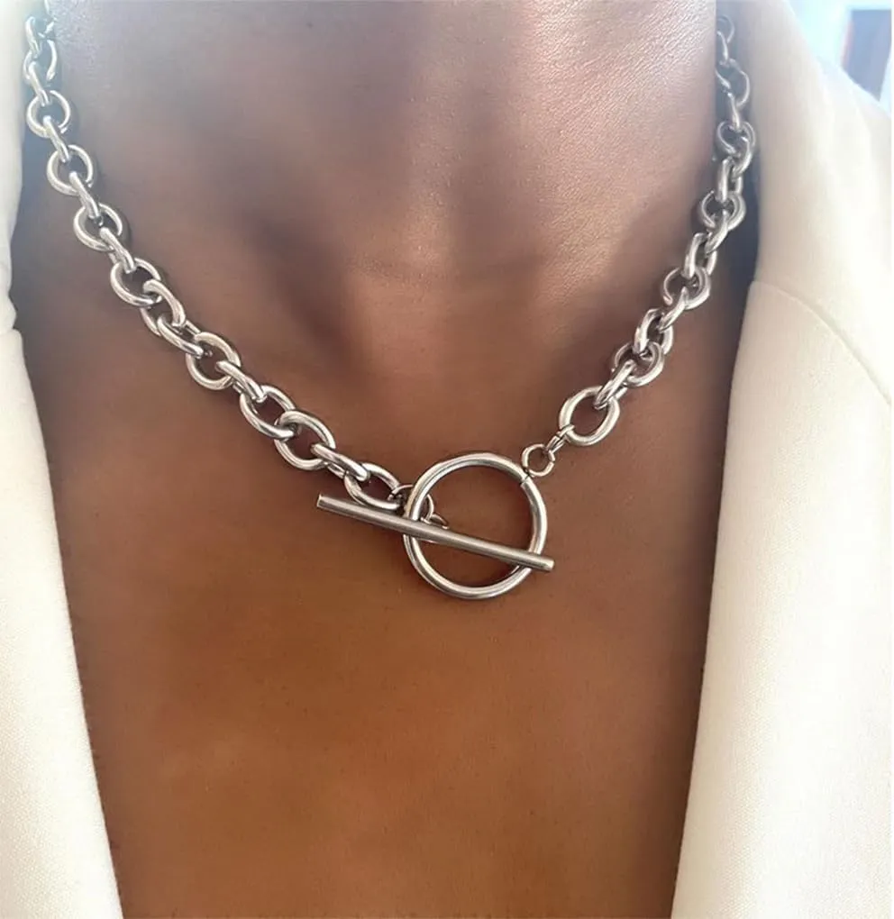 GIGB PBDK Chunky Gold Toggle Ot Buckle Necklace, Thick Cuban Chain Stackable Necklace, Trendy Link Bar Clasp Statement Jewelry Gift for Women