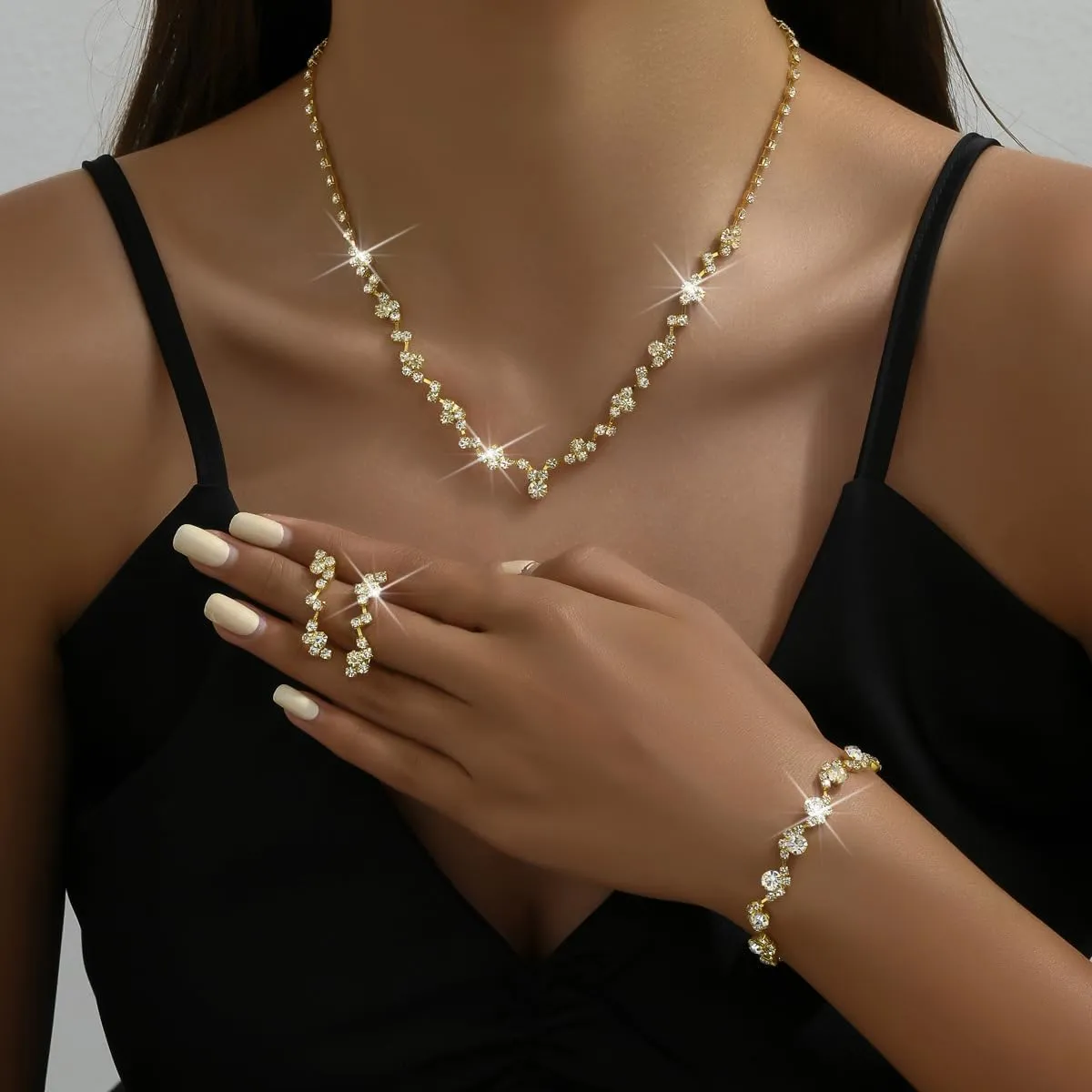 GIGB PBDK Rhinestone Prom Necklace Earrings Bracelet Set for Women, Gold Choker Necklace Earrings Bangle Bridal Wedding Prom Costume Jewelry Gift