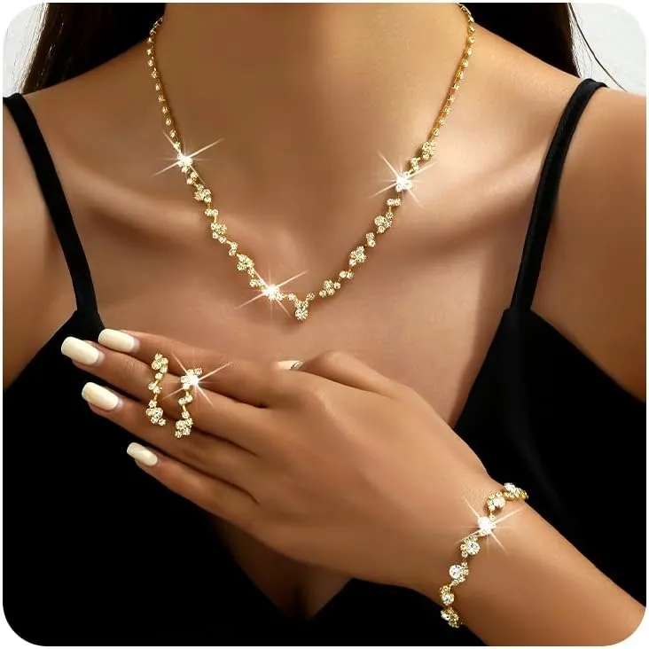 GIGB PBDK Rhinestone Prom Necklace Earrings Bracelet Set for Women, Gold Choker Necklace Earrings Bangle Bridal Wedding Prom Costume Jewelry Gift