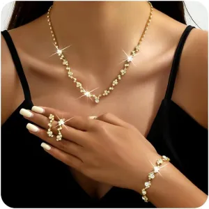 GIGB PBDK Rhinestone Prom Necklace Earrings Bracelet Set for Women, Gold Choker Necklace Earrings Bangle Bridal Wedding Prom Costume Jewelry Gift