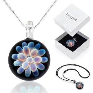 Glass Flower Pendant by TomlitArt - Art Jewelry Necklace Unique Gift for Women Girls - Silver Color Chain and Black Wax Cord (light blue)
