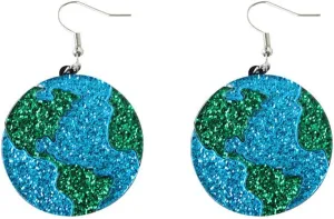 Glitter Round Earth Dangle Earrings for Women Girls Blue Green Acrylic Shiny Circle Ocean World Earth Statement Charms Drop Dangling Hook Stud Lightweight Cute Holiday Party Y2K Jewelry Gifts Souvenirs