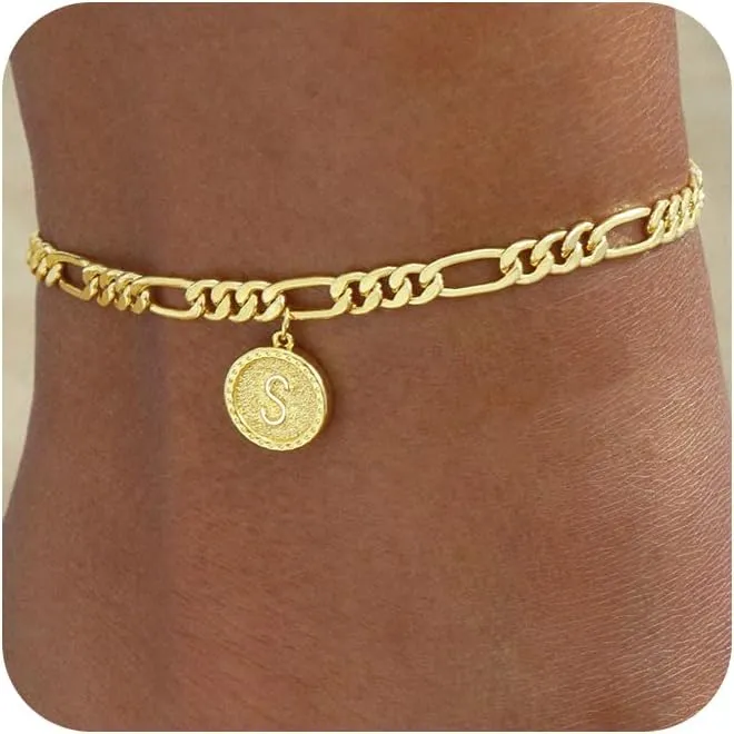 Gold Ankle Bracelets for women,14k Gold Plated Waterproof lightweight Figaro Chain Initial Anklets for Women Ankle Bracelets Set Dainty Trendy Jewelry Gift for Women