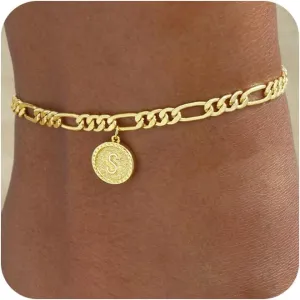 Gold Ankle Bracelets for women,14k Gold Plated Waterproof lightweight Figaro Chain Initial Anklets for Women Ankle Bracelets Set Dainty Trendy Jewelry Gift for Women