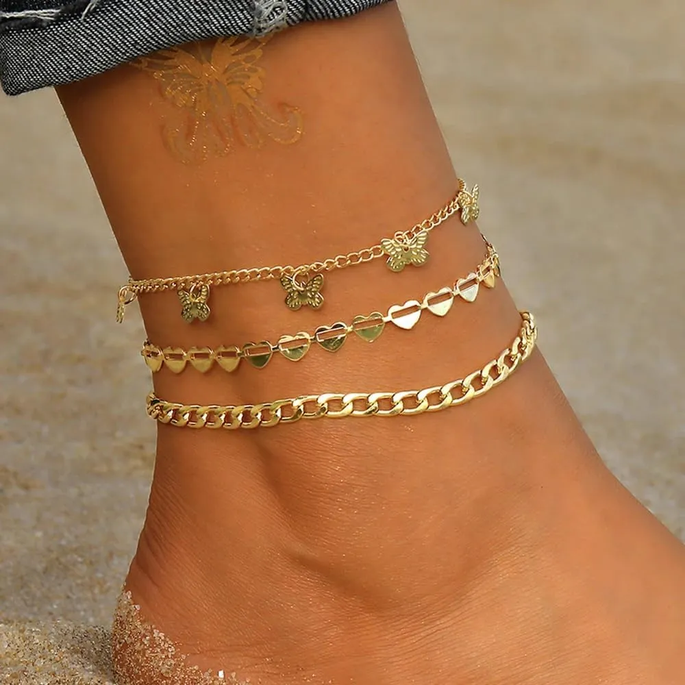 Gold Anklets for Women 14k Gold Plated Ankle Bracelets for Women Waterproof Jewelry Dainty Adjustable Ankle Bracelet CZ Butterfly Heart Herringbone Cuba Link Chain Anklets