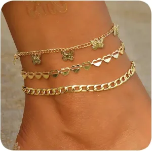 Gold Anklets for Women 14k Gold Plated Ankle Bracelets for Women Waterproof Jewelry Dainty Adjustable Ankle Bracelet CZ Butterfly Heart Herringbone Cuba Link Chain Anklets