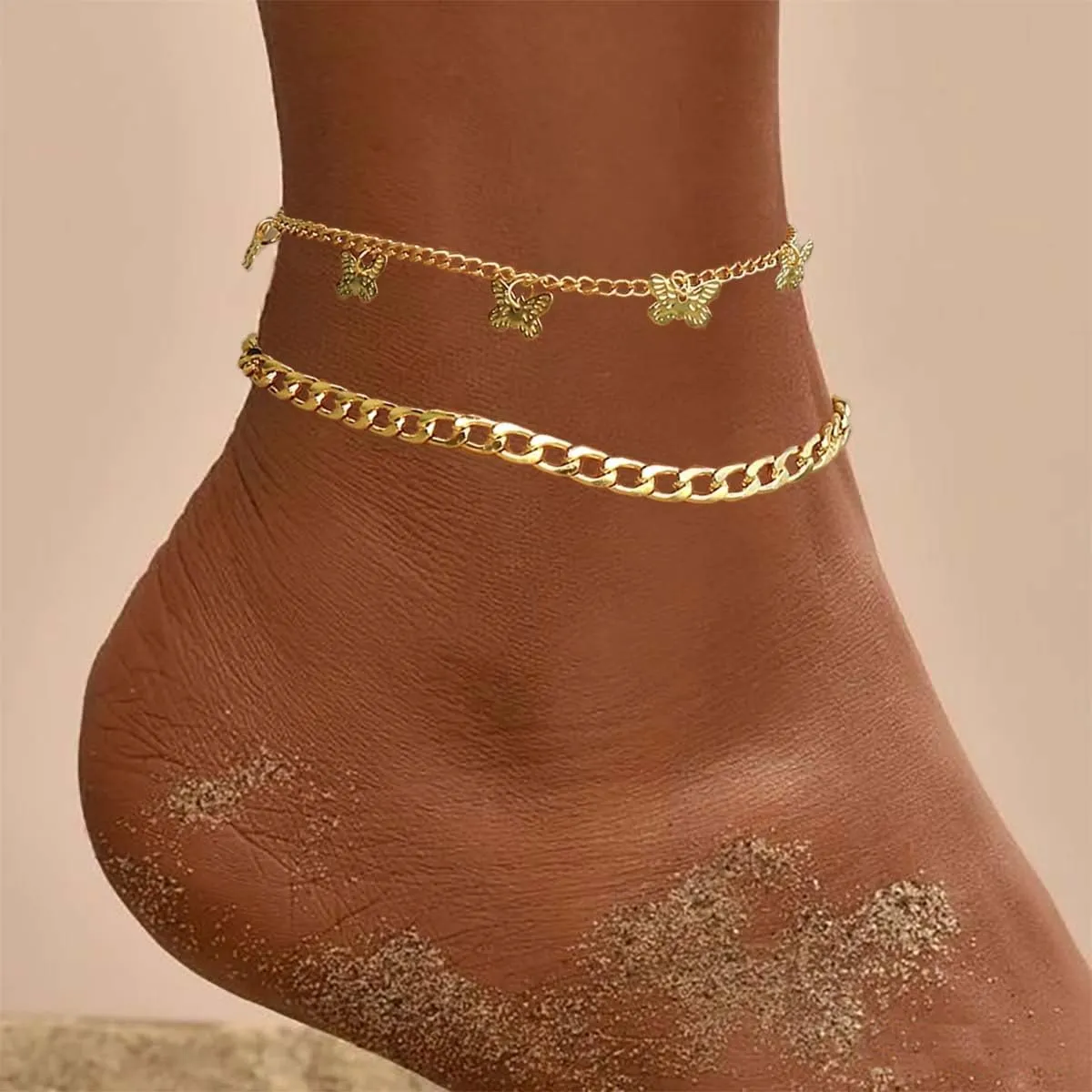 Gold Anklets for Women 14k Gold Plated Ankle Bracelets for Women Waterproof Jewelry Dainty Adjustable Ankle Bracelet CZ Butterfly Heart Herringbone Cuba Link Chain Anklets