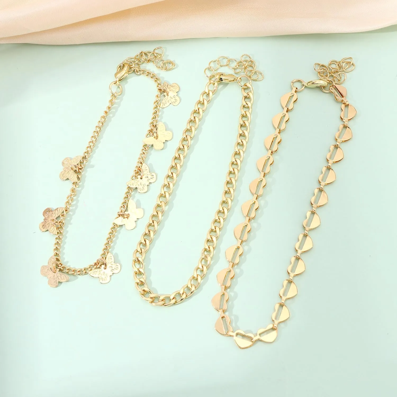 Gold Anklets for Women 14k Gold Plated Ankle Bracelets for Women Waterproof Jewelry Dainty Adjustable Ankle Bracelet CZ Butterfly Heart Herringbone Cuba Link Chain Anklets