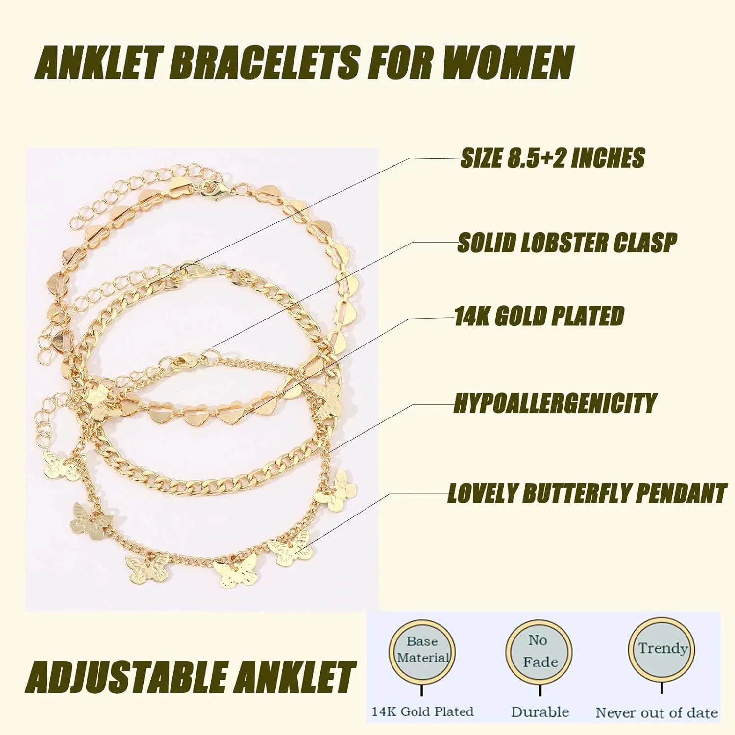 Gold Anklets for Women 14k Gold Plated Ankle Bracelets for Women Waterproof Jewelry Dainty Adjustable Ankle Bracelet CZ Butterfly Heart Herringbone Cuba Link Chain Anklets