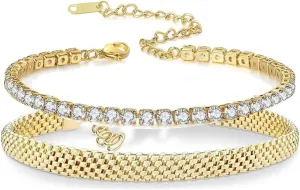 Gold Bangle Bracelets Set for Women,18K Gold Plated Cubic Zirconia Bangle Chain Italian Bracelet 3Pcs Jewelry Set Gift (gold)