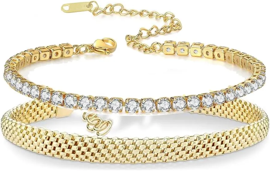 Gold Bangle Bracelets Set for Women,18K Gold Plated Cubic Zirconia Bangle Chain Italian Bracelet 3Pcs Jewelry Set Gift (gold)