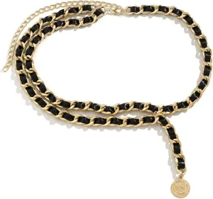 Gold Belly Chain, Womens Chain Belts Fashion Curb Chain with Woven Rope Lobster Claw Clasp Body Jewelry 99cm