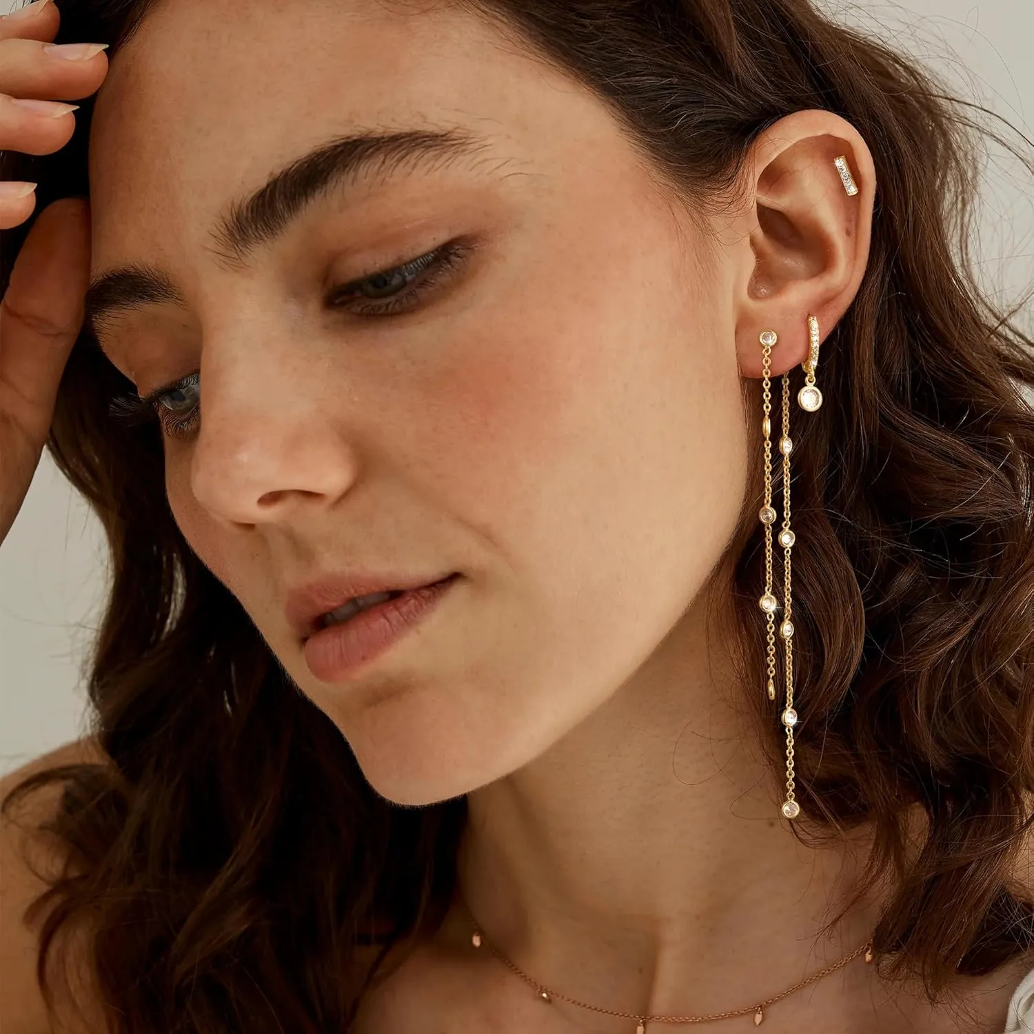 Gold Chain Earrings for Women: Dainty Stud Hoop Dangle Earrings Set 14K Gold Plated Pearl CZ Threader Earrings Hypoallergenic Cuff Chain Earrings for Multiple Piercing Trendy Gold Jewelry