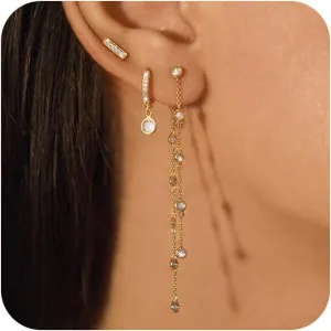 Gold Chain Earrings for Women: Dainty Stud Hoop Dangle Earrings Set 14K Gold Plated Pearl CZ Threader Earrings Hypoallergenic Cuff Chain Earrings for Multiple Piercing Trendy Gold Jewelry