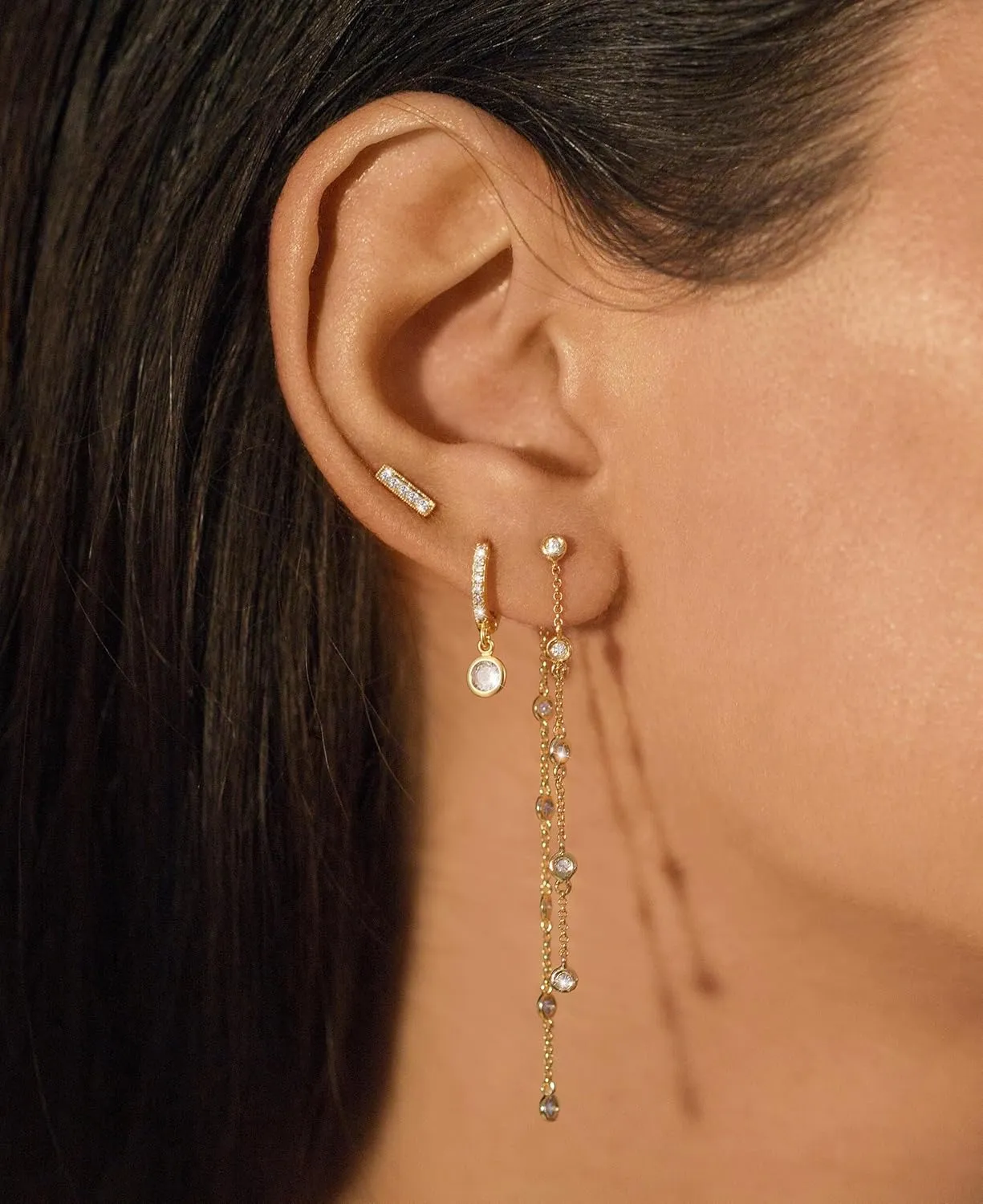 Gold Chain Earrings for Women: Dainty Stud Hoop Dangle Earrings Set 14K Gold Plated Pearl CZ Threader Earrings Hypoallergenic Cuff Chain Earrings for Multiple Piercing Trendy Gold Jewelry