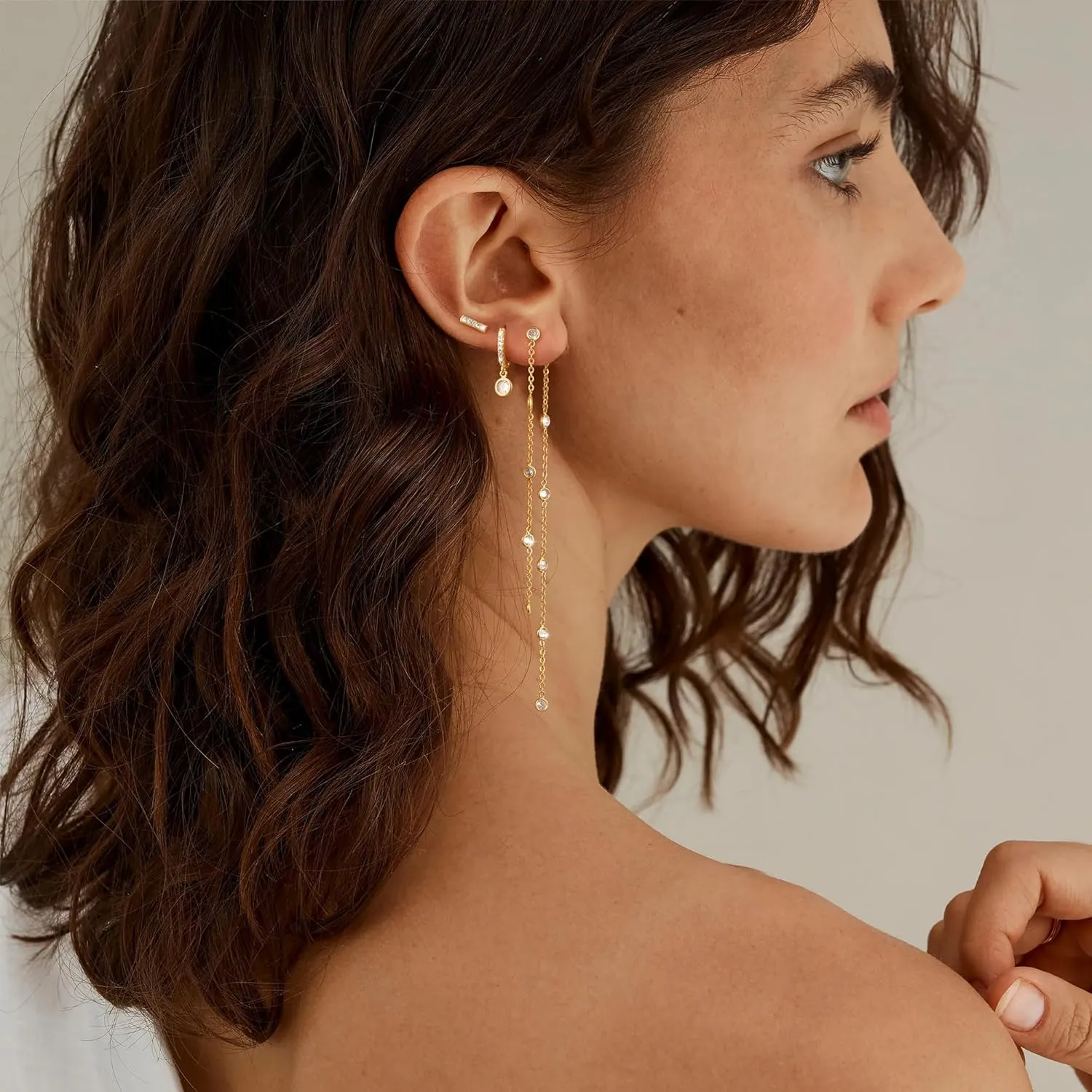 Gold Chain Earrings for Women: Dainty Stud Hoop Dangle Earrings Set 14K Gold Plated Pearl CZ Threader Earrings Hypoallergenic Cuff Chain Earrings for Multiple Piercing Trendy Gold Jewelry