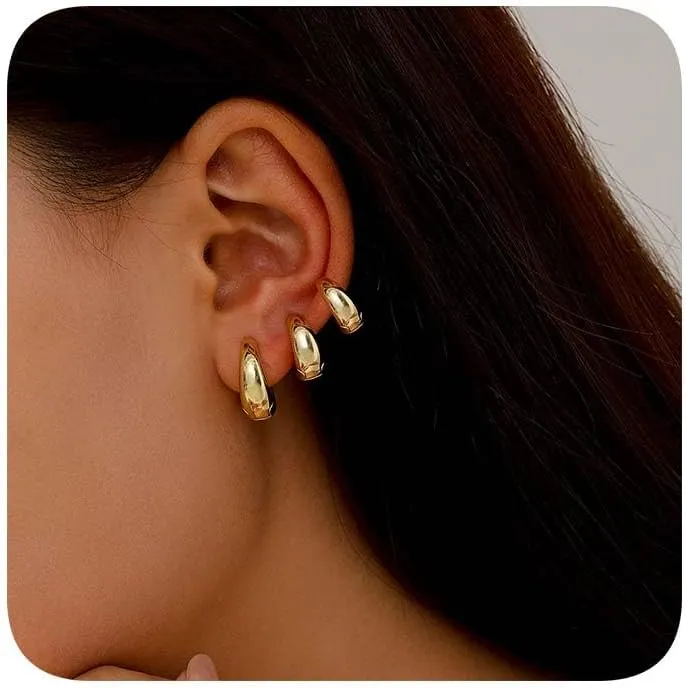 Gold Chunky Hoop Earrings Set for Women, Men's Hypoallergenic Lightweight Stack Earrings for Sensitive Ears Everyday Earrings for Unisex Jewelry Gifts