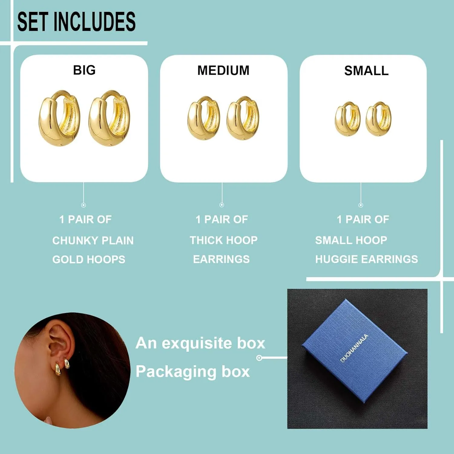 Gold Chunky Hoop Earrings Set for Women, Men's Hypoallergenic Lightweight Stack Earrings for Sensitive Ears Everyday Earrings for Unisex Jewelry Gifts