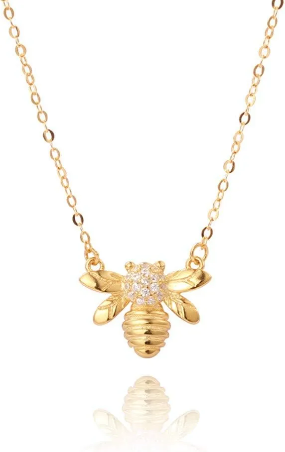 Gold Coin Honeycomb Pendant Choker Necklace for Women Teen Girls - S925 Sterling Silver Dainty Crystal CZ Diamond Queen Bee Bumble Hive BFF Long Chain Cute Animal Charm Jewelry Gift