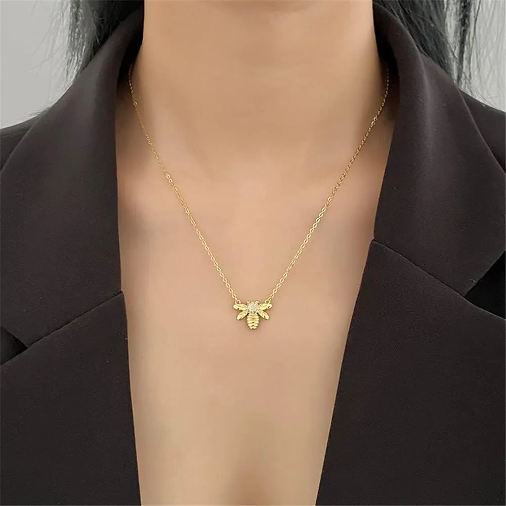 Gold Coin Honeycomb Pendant Choker Necklace for Women Teen Girls - S925 Sterling Silver Dainty Crystal CZ Diamond Queen Bee Bumble Hive BFF Long Chain Cute Animal Charm Jewelry Gift