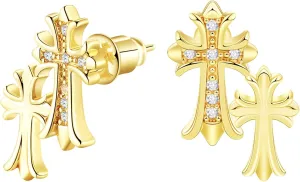 Gold Cross Earrings for Women 14K Gold Double Piercing Cross Earrings Diamond Stud Earring