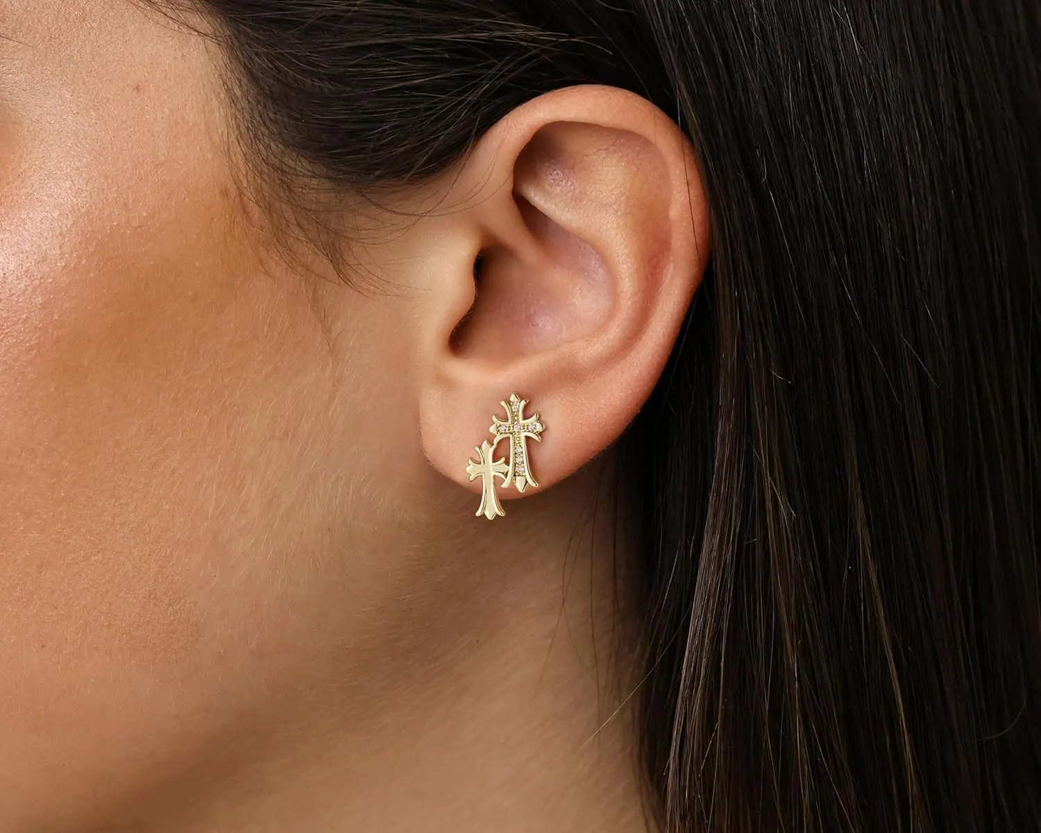 Gold Cross Earrings for Women 14K Gold Double Piercing Cross Earrings Diamond Stud Earring