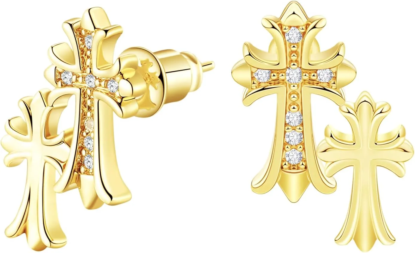 Gold Cross Earrings for Women 14K Gold Double Piercing Cross Earrings Diamond Stud Earring