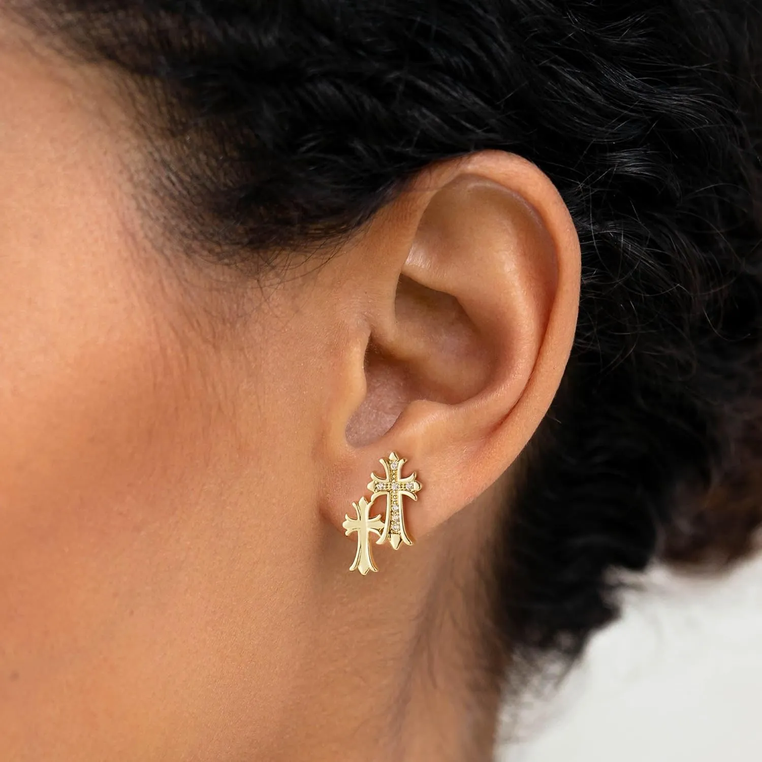 Gold Cross Earrings for Women 14K Gold Double Piercing Cross Earrings Diamond Stud Earring