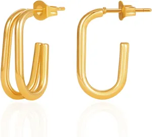 Gold Double Rectangle Hoop Earrings for Women, 18K Gold Plated Split Double U Shaped Open Hoop Earrings Hypoallergenic Jewelry for Women