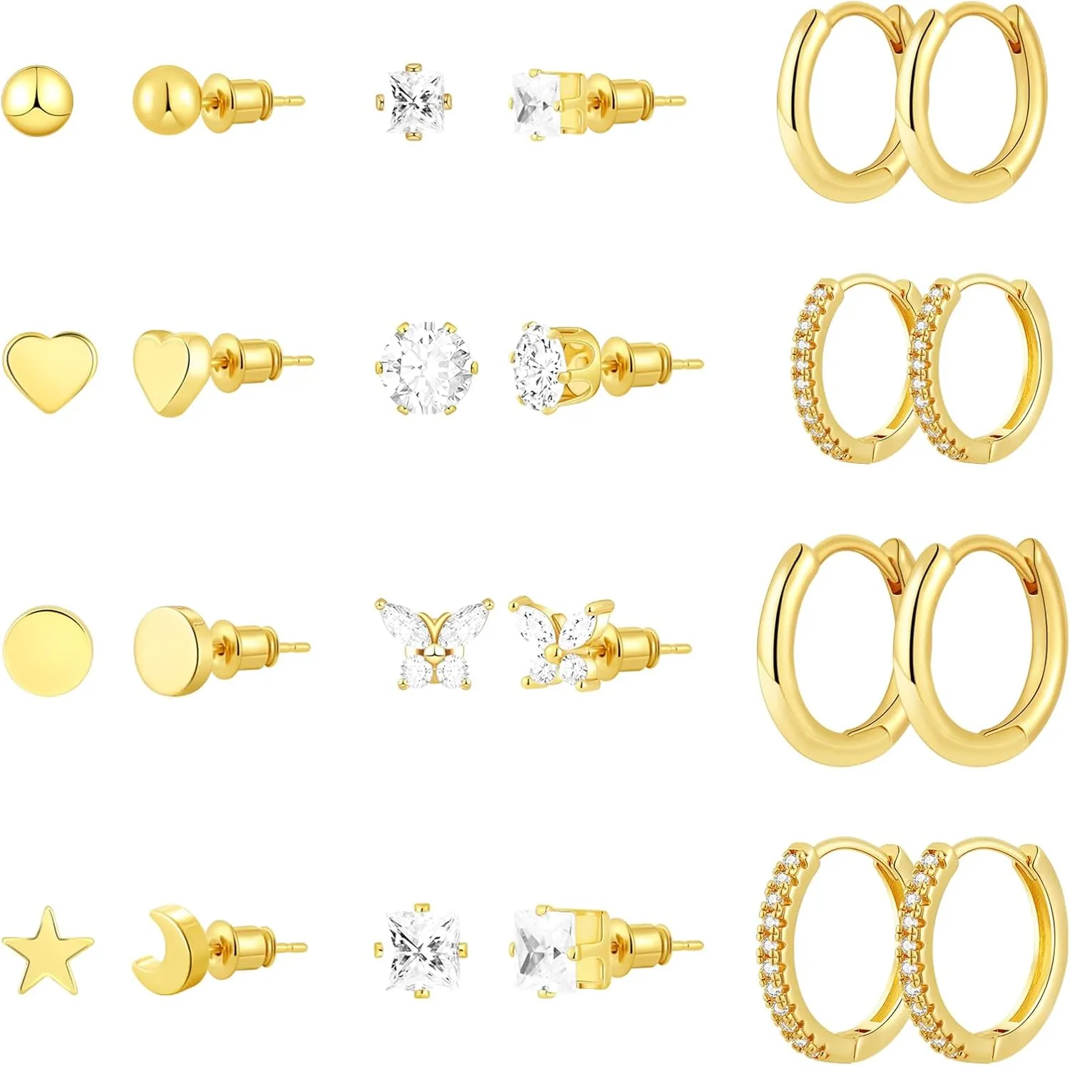 Gold Earrings for Women 14K Real Gold Plated Studs Hoop Earrings Set Hypoallergenic Earrings for Sensitive Ears Trendy Small Cubic Zirconia Stud Huggie Earrings for Multiple Piercing Jewelry Gift