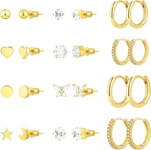 Gold Earrings for Women 14K Real Gold Plated Studs Hoop Earrings Set Hypoallergenic Earrings for Sensitive Ears Trendy Small Cubic Zirconia Stud Huggie Earrings for Multiple Piercing Jewelry Gift