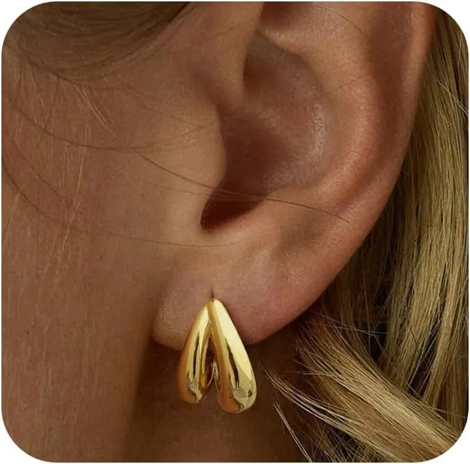 Gold Earrings for Women, Chunky 14k Gold Plated Cubic Zirconia Earrings Ear Cuff Studs Set Dainty Dangle Double Small Thick Gold Hoop Dangling Earrings Trendy Waterproof Jewelry for Women Gift