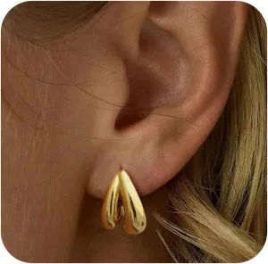 Gold Earrings for Women, Chunky 14k Gold Plated Cubic Zirconia Earrings Ear Cuff Studs Set Dainty Dangle Double Small Thick Gold Hoop Dangling Earrings Trendy Waterproof Jewelry for Women Gift