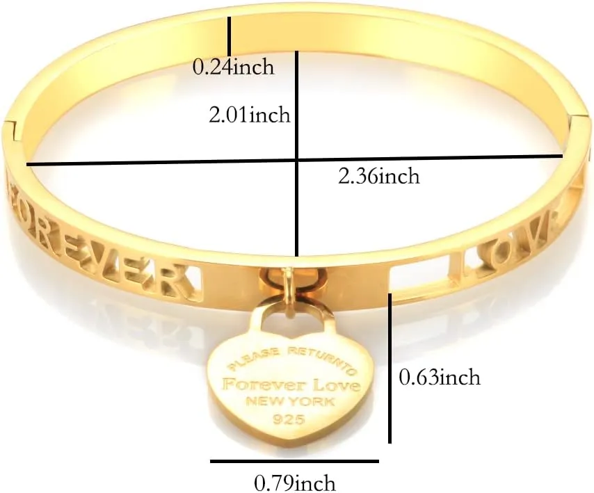 Gold Engraved Bangle Bracelets for Women with Dangling Heart, 6.5 inches Stainless Steel Dainty Stackable Elegant Bangle Jewelry
