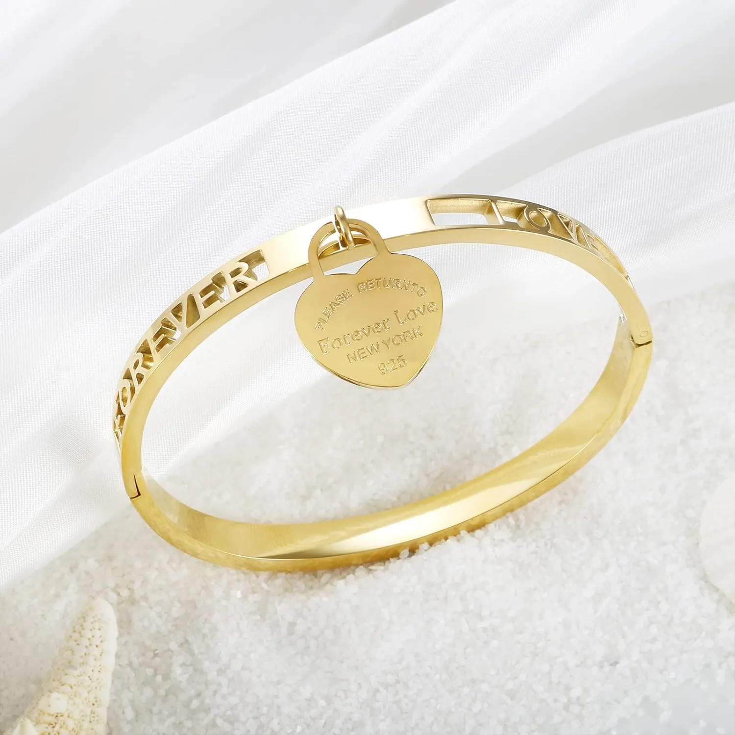 Gold Engraved Bangle Bracelets for Women with Dangling Heart, 6.5 inches Stainless Steel Dainty Stackable Elegant Bangle Jewelry