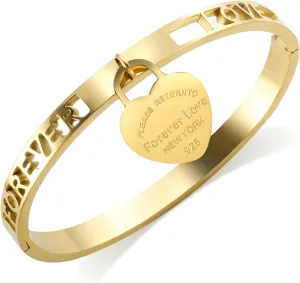 Gold Engraved Bangle Bracelets for Women with Dangling Heart, 6.5 inches Stainless Steel Dainty Stackable Elegant Bangle Jewelry