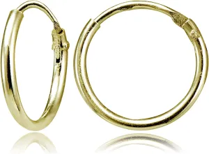 Gold Hoops Flashed Sterling Silver Small Tiny Mini Endless 10mm Thin Lightweight Round Unisex Cartilage Hoop Earrings for Men Women