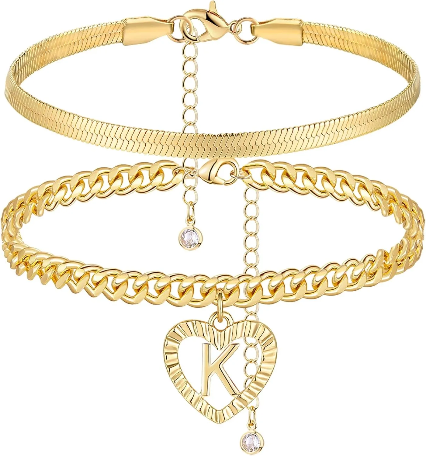 Gold Initial Ankle Bracelets for Women 14K Gold Plated Heart Anklets for Women Waterproof Stackable Snake Cuban Chains Women's Anklets