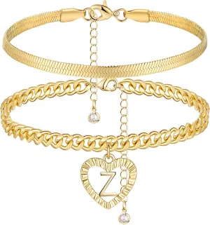 Gold Initial Ankle Bracelets for Women 14K Gold Plated Heart Anklets for Women Waterproof Stackable Snake Cuban Chains Women's Anklets