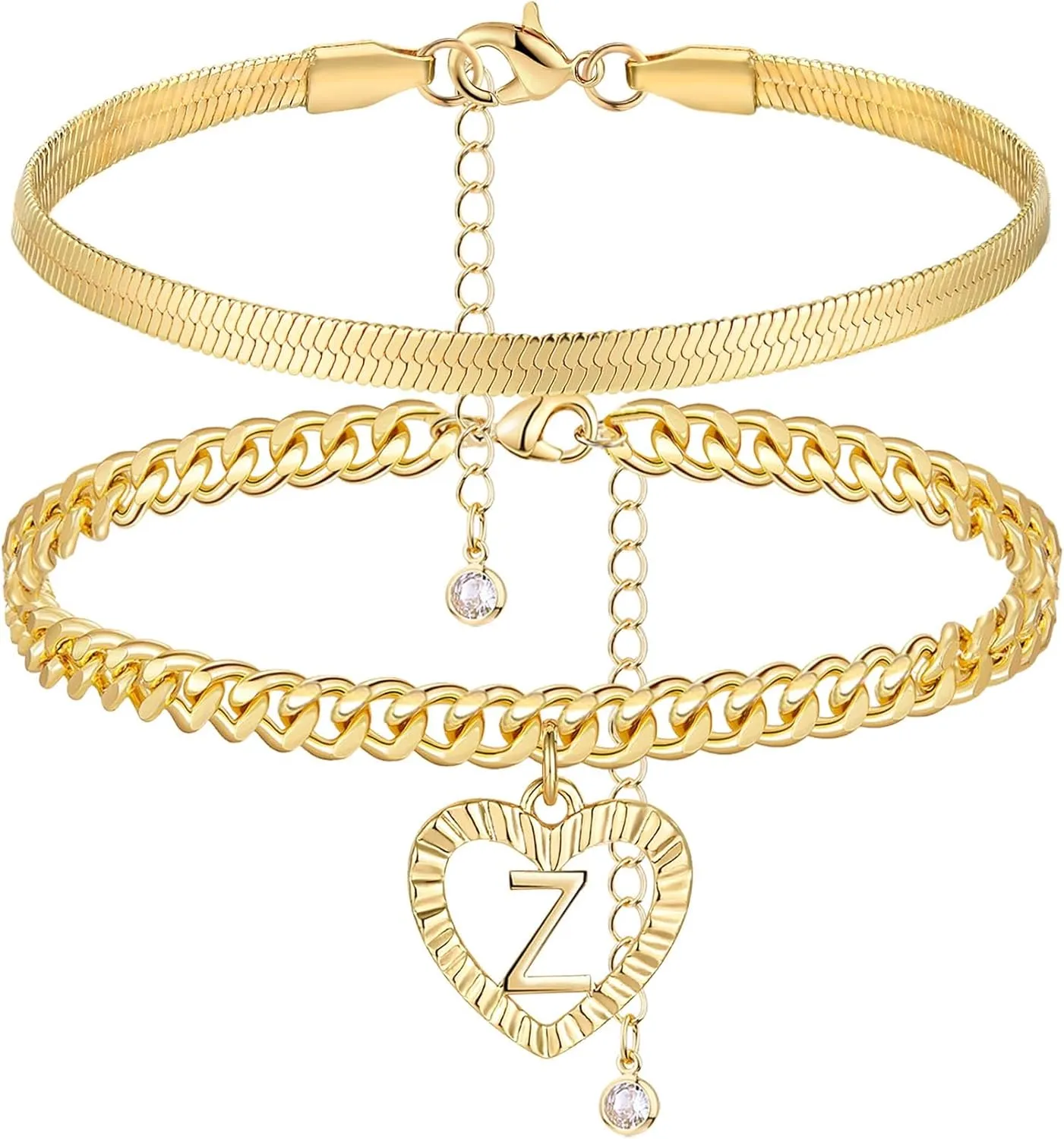 Gold Initial Ankle Bracelets for Women 14K Gold Plated Heart Anklets for Women Waterproof Stackable Snake Cuban Chains Women's Anklets
