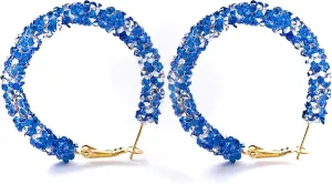 Gold Plated Blue Round Crystal Sparkle Glitter Hoop Earrings For Women