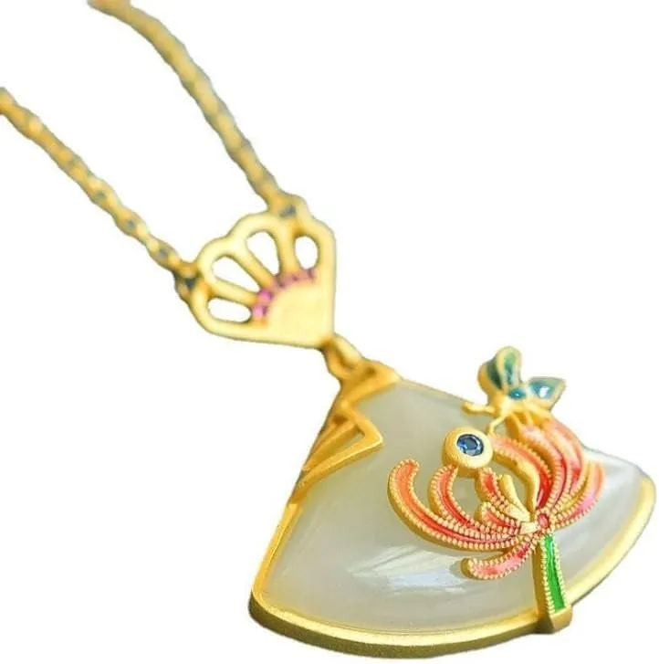 Gold Plated Necklace for Women,Fan Shape Pendant Necklace Imitation Jade Jewellery Accessories with Necklace Box