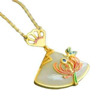 Gold Plated Necklace for Women,Fan Shape Pendant Necklace Imitation Jade Jewellery Accessories with Necklace Box